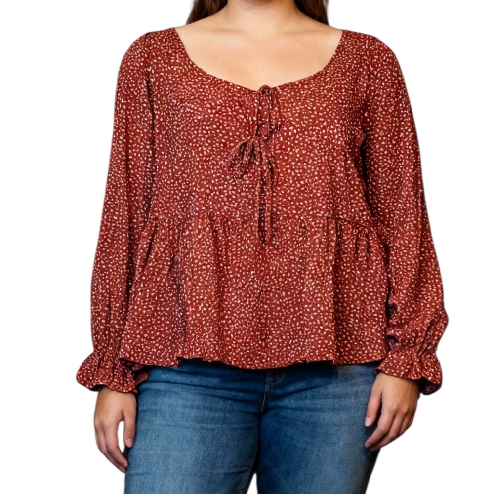 Ava & Viv Rust Red Smocked Peplum Long Sleeve Blouse